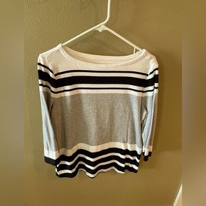 Cotton striped knit top with 3/4 sleeves & button shoulder detail